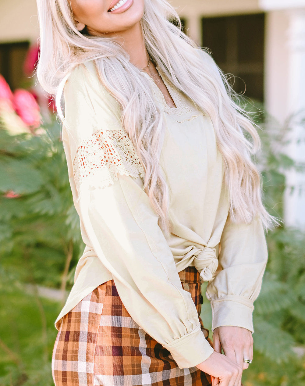 Notched Neck Crochet Insert Round Hem Sweatshirt