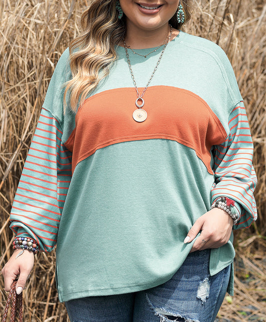 Plus Size Striped Long Sleeve Colorblock Tee with Slits