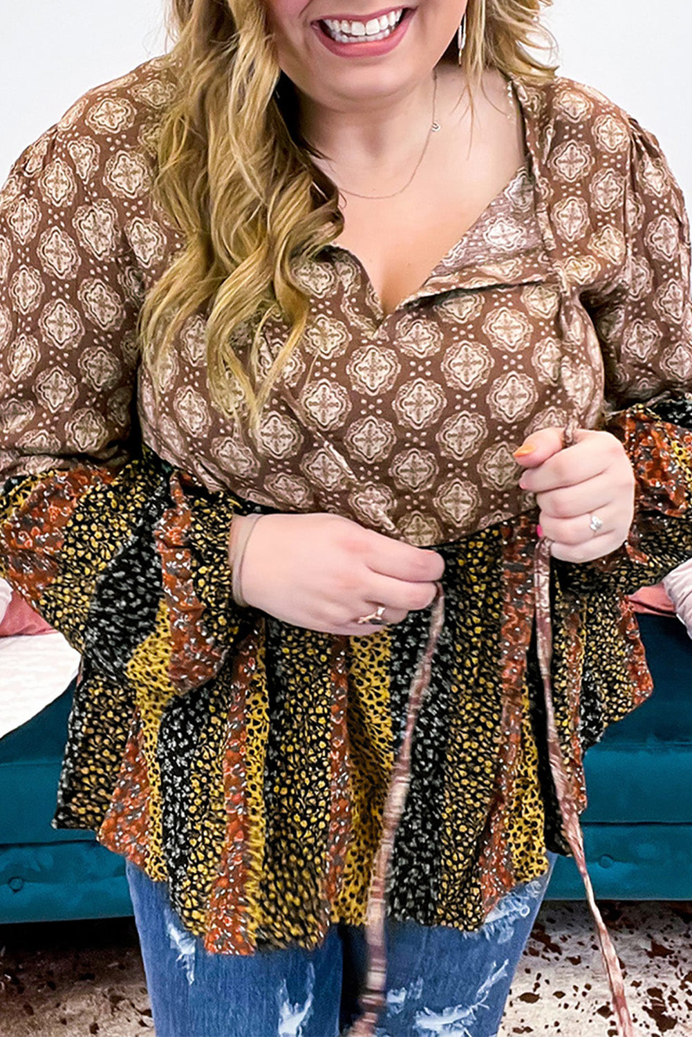 Mix Floral Striped Ethnic Splicing Plus Size Blouse