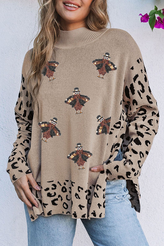 Sequin Turkey Leopard Mixed Pattern High Neck Sweater with Slits