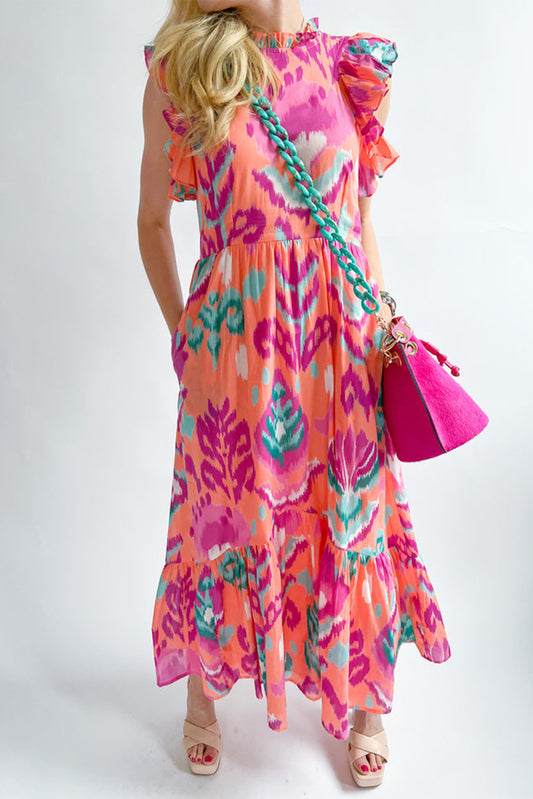 Abstract Floral Print Frill Neck Ruffle Maxi Dress