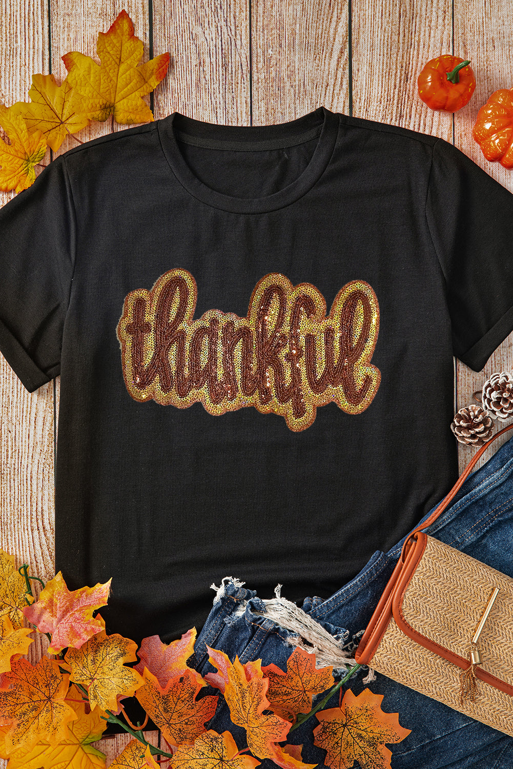 Sequined Thankful Round Neck Graphic Tee