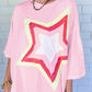Colorblock Star Patched Half Sleeve Oversized Tee