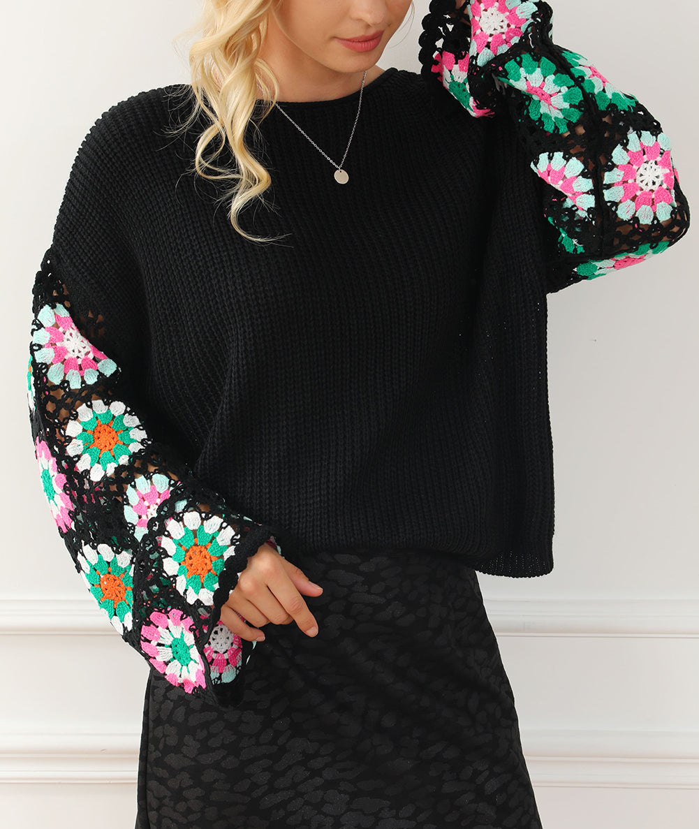 Floral Crochet Bell Sleeve Loose Sweater