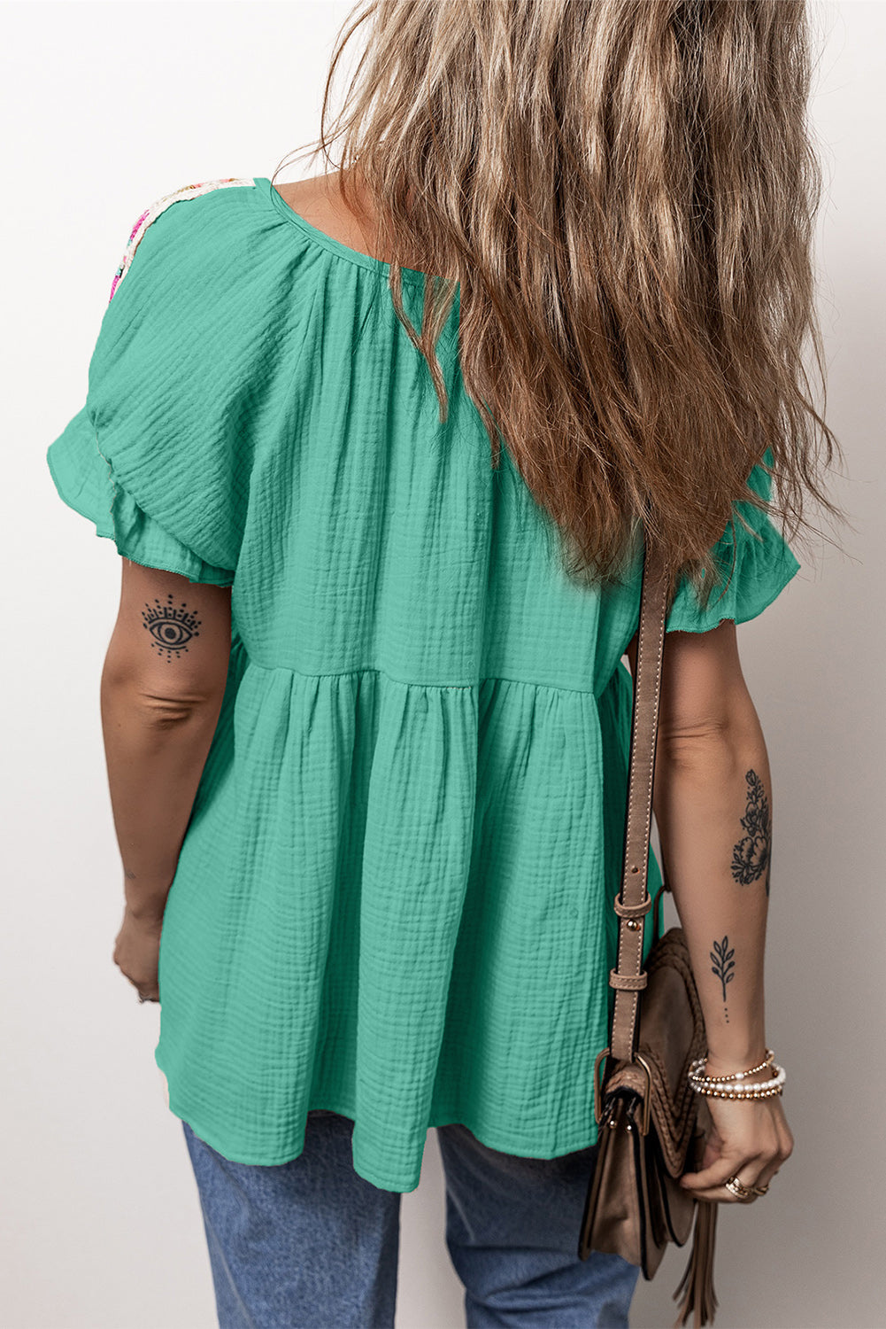 Crinkle Embroidered Patched Bubble Sleeve Tied Neck Blouse