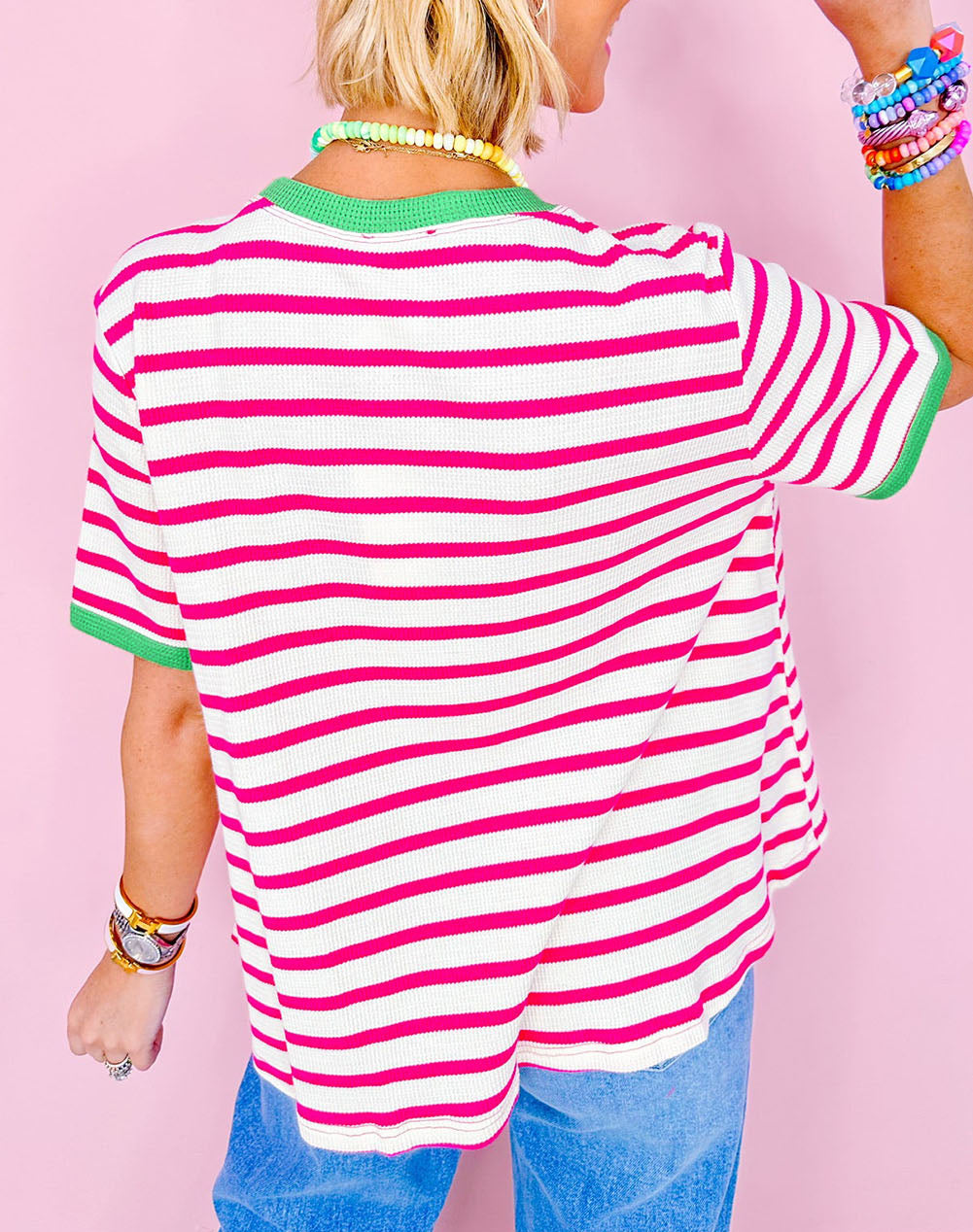 Stripe Contrast Trim Crew Neck Loose Short Sleeve Top