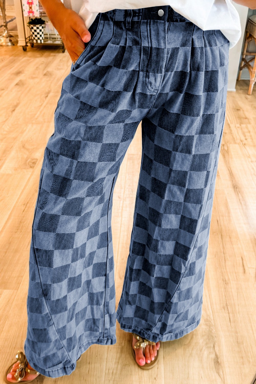 Checkered Denim Wide Leg Jeans