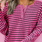 Stripe Textured Frilly Trim Buttons Henley Long Sleeve Top