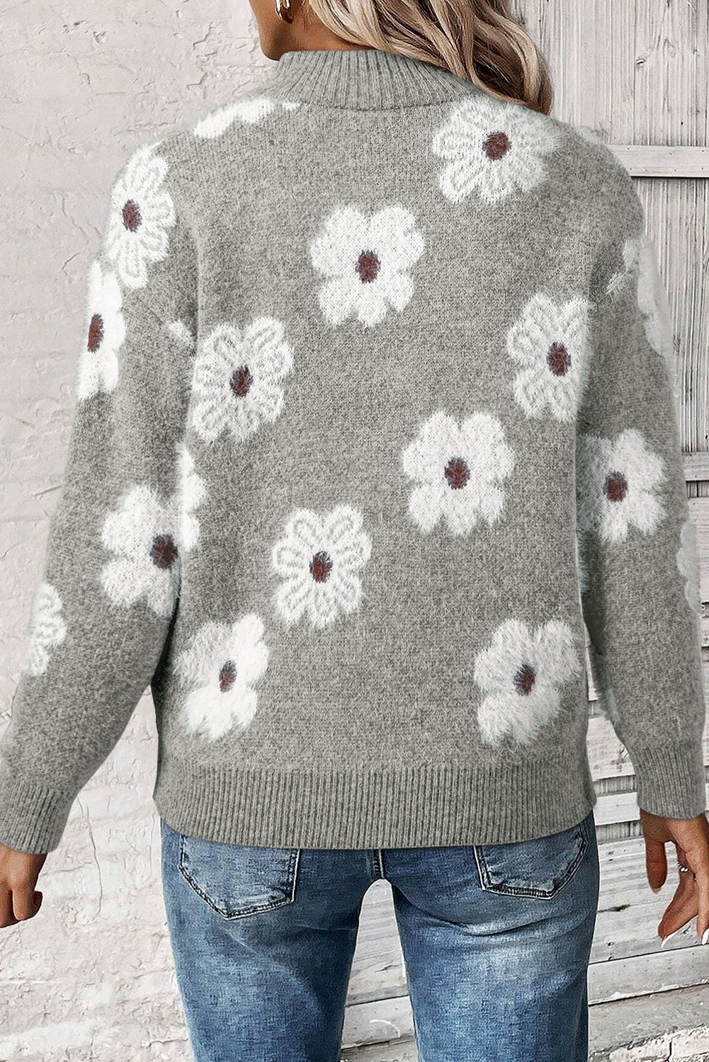 Floral Pattern Half Zip Drop Shoulder Sweater