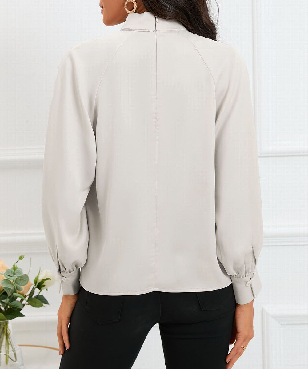 Keyhole Pleated Mock Neck Bishop Sleeve Blouse
