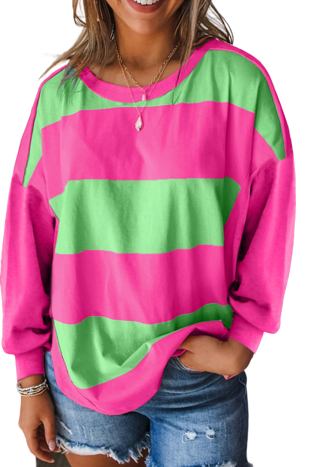 Colorblock Striped Drop Shoulder Loose Top