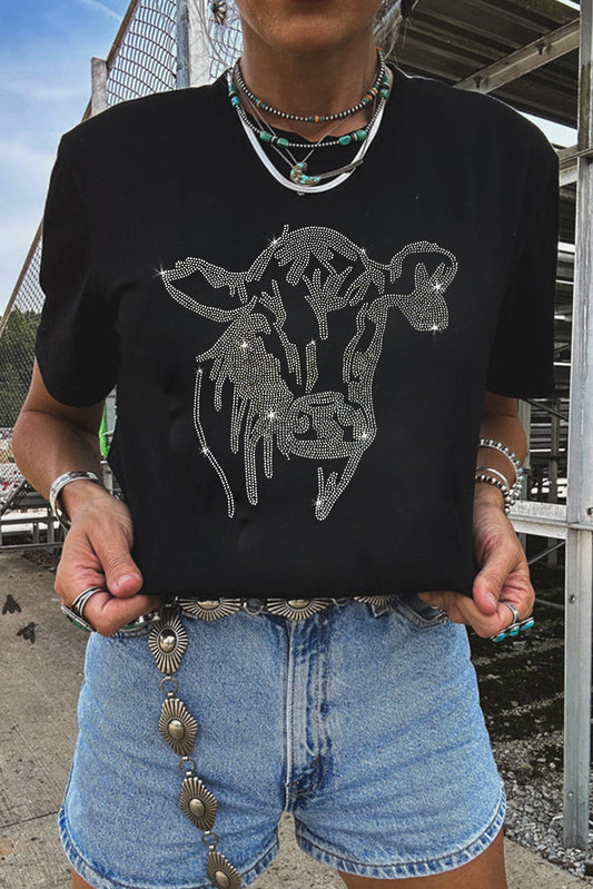 Rhinestone Steer Head Graphic Fashion T Shirt