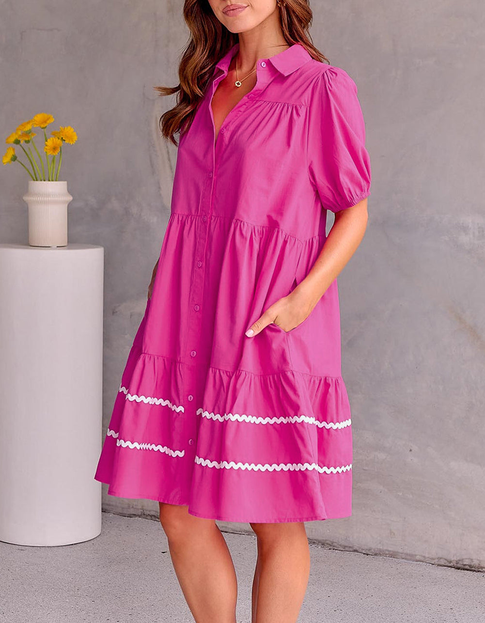 Puff Sleeve Contrast Ric-rac Shirt Dress