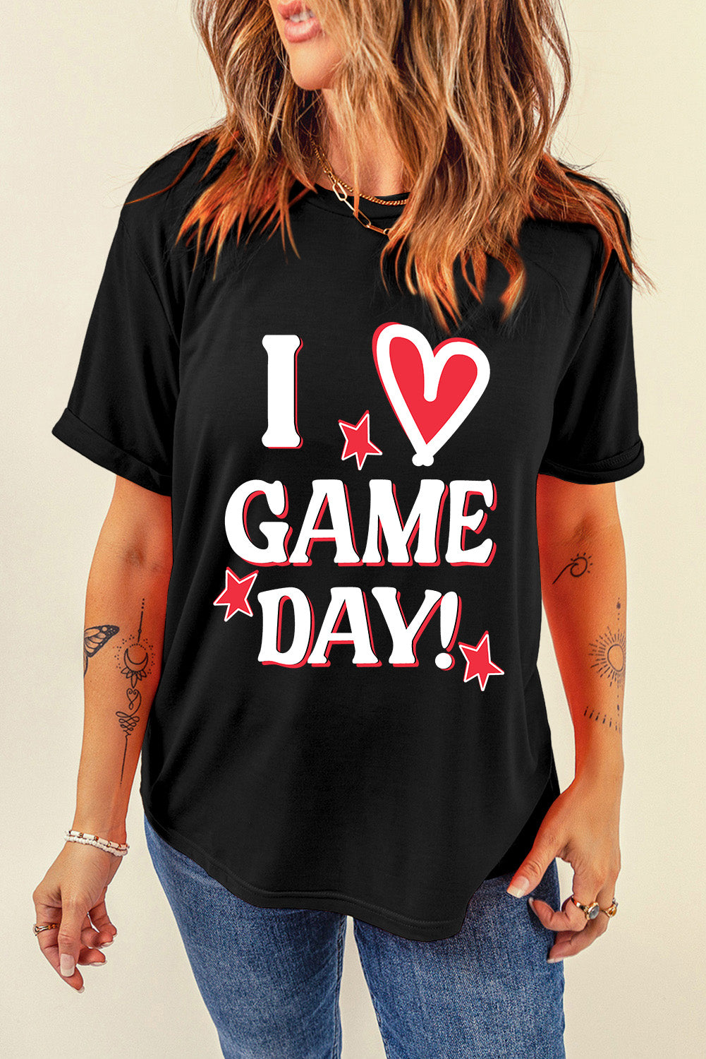 I Love GAME DAY Heart Printed Crewneck T Shirt