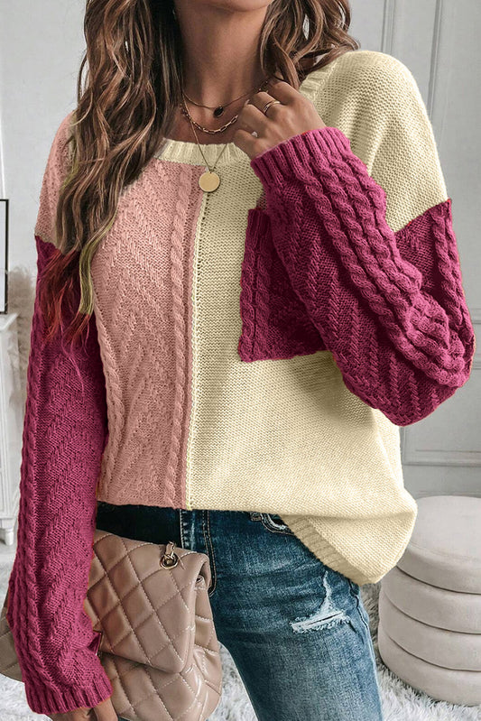 Tan Colorblock Patched Pocket Drop Shoulder Sweater