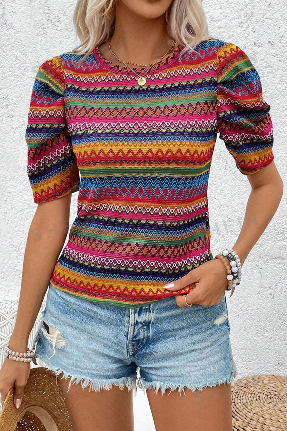 Jacquard Geo Patterned Puff Sleeve T Shirt