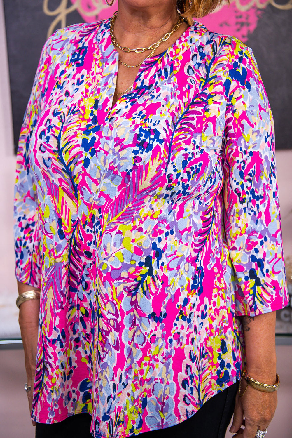 Printed 3/4 Sleeve Split Neck Plus Size Tunic Top