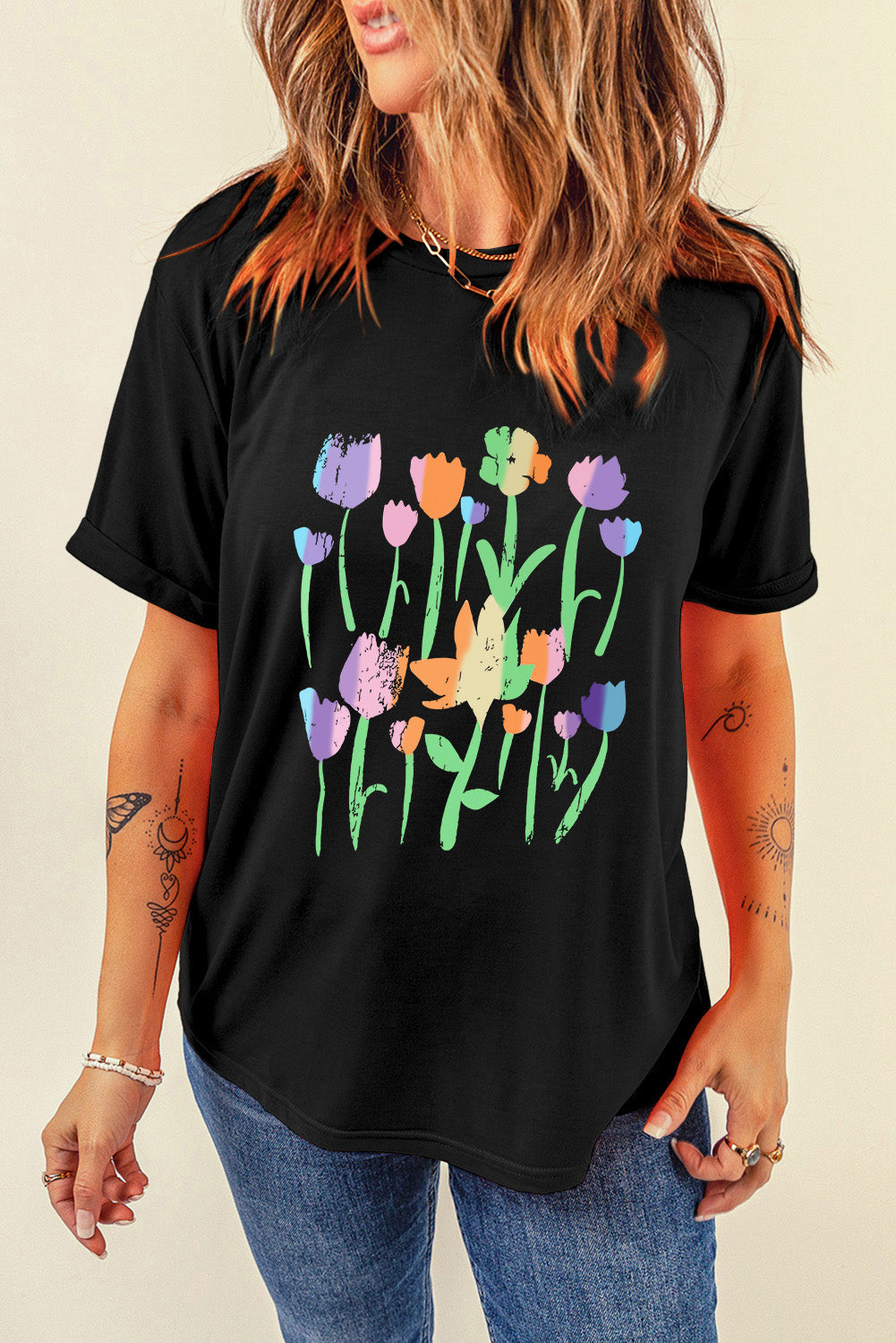 Floral Print Crewneck T Shirt