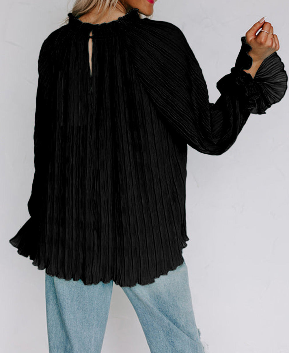 Striking Pleated Flared Cuff Long Sleeve Blouse