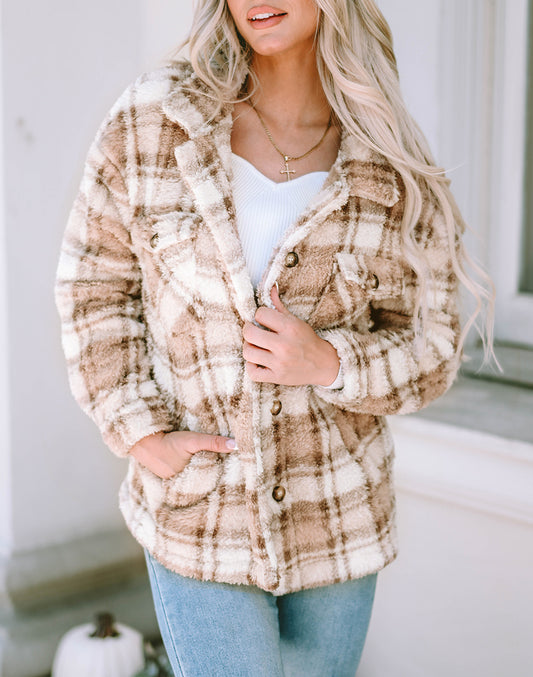 Sherpa Plaid Button Pocketed Jacket