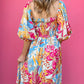Tropical Print Smocked Bodice Puff Sleeve Maxi Dress