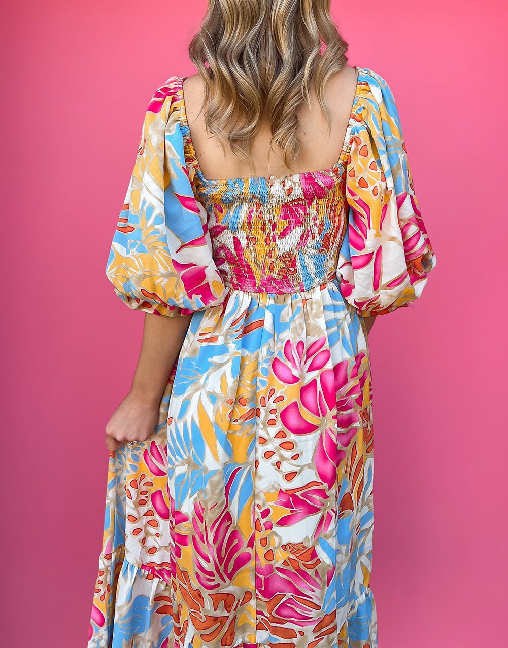 Tropical Print Smocked Bodice Puff Sleeve Maxi Dress