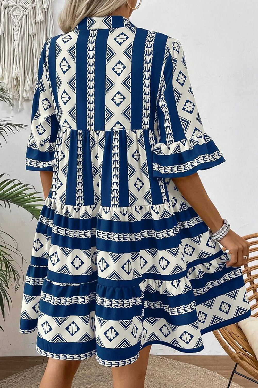 Geometric Print V Neck Ruffled Dress