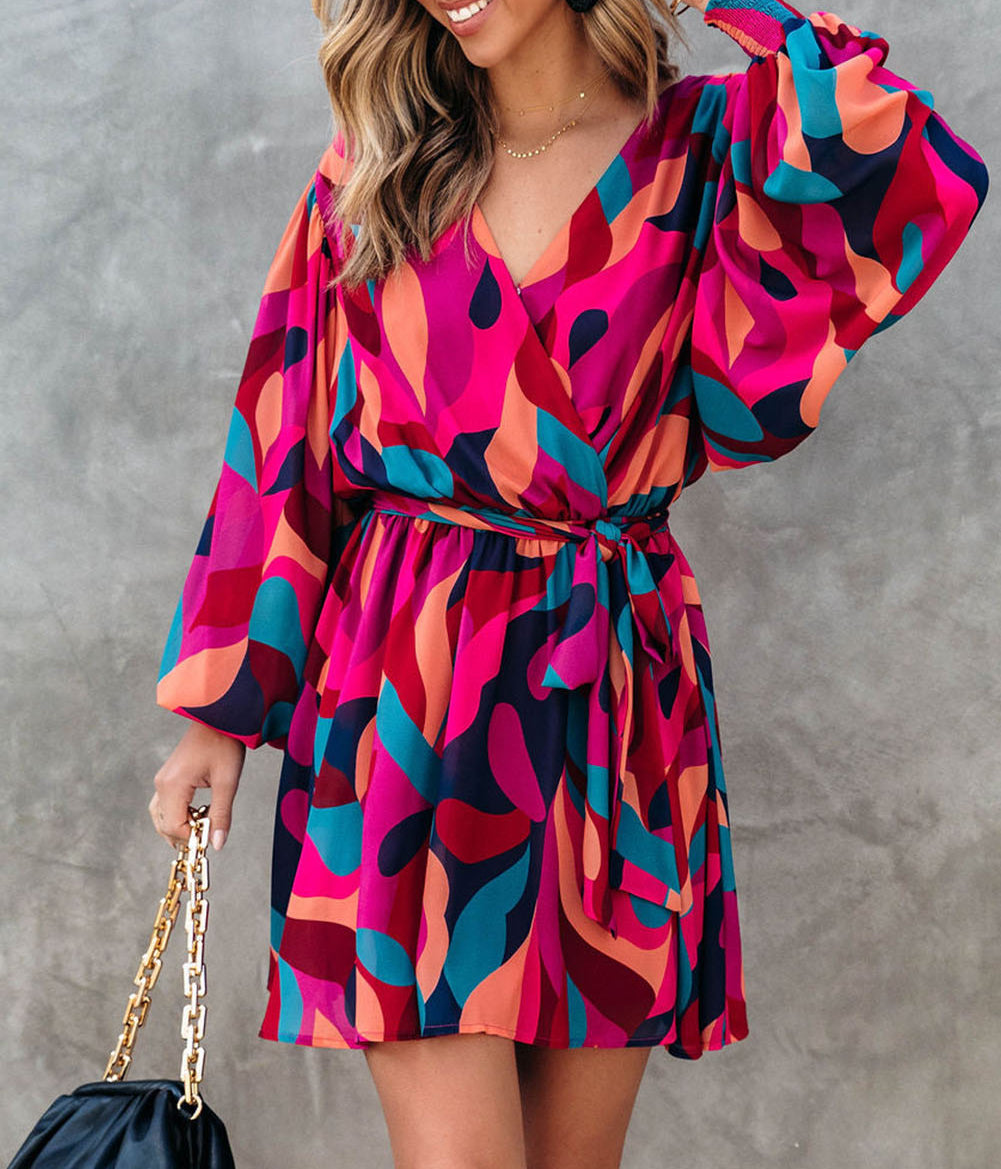 Abstract Printed Belted Puff Sleeve Mini Dress