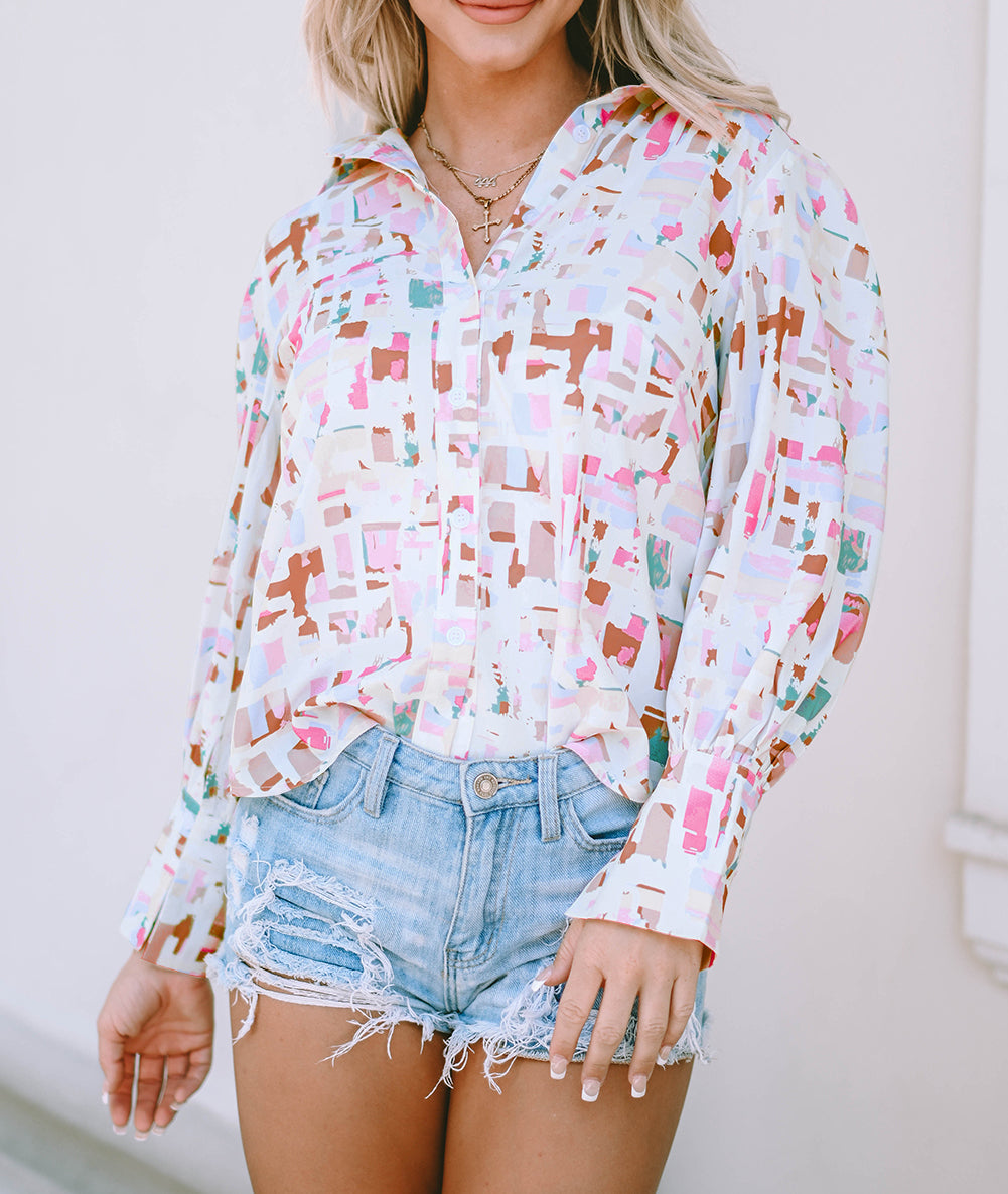 Multicolor Abstract Print Lantern Sleeve Casual Shirt