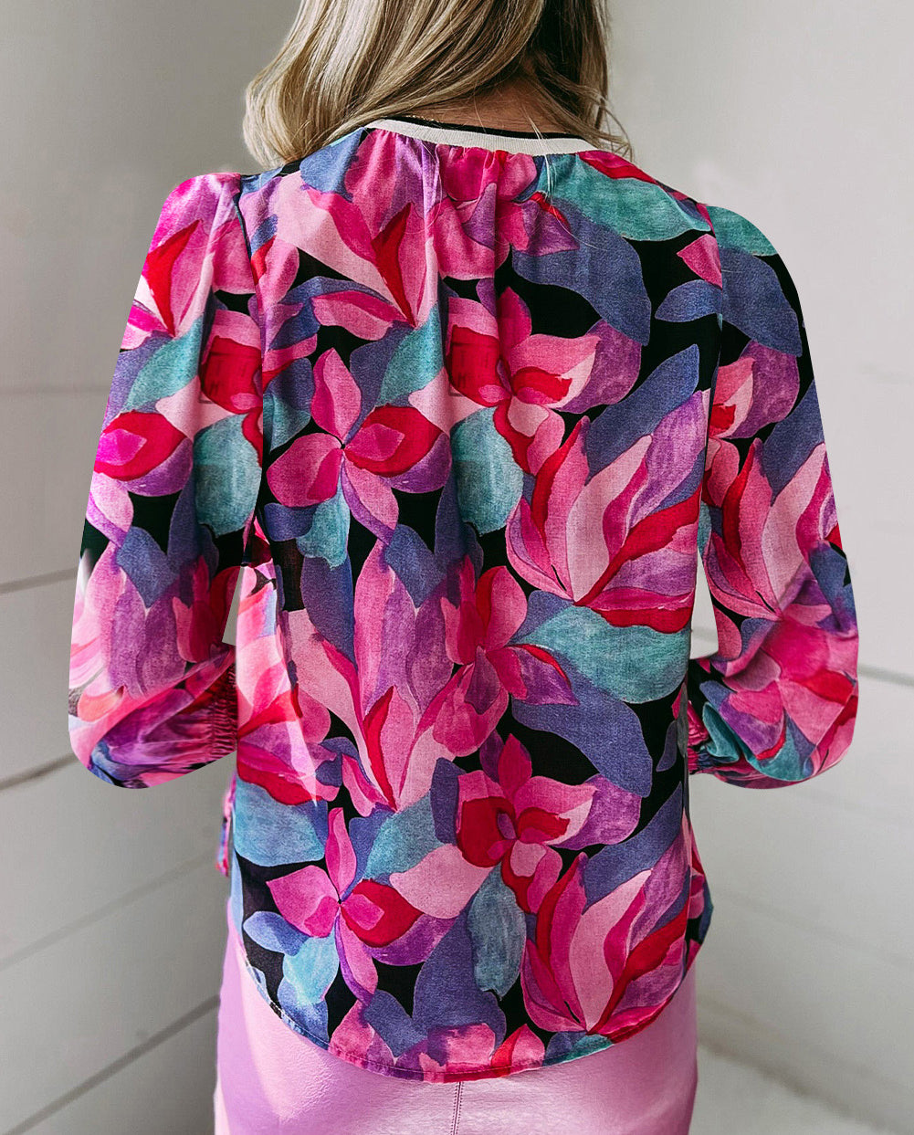 Floral Print Ruched Sleeve Puff Sleeve Blouse