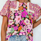 Bubble Sleeve Lace Trim Floral Mixed Print Blouse