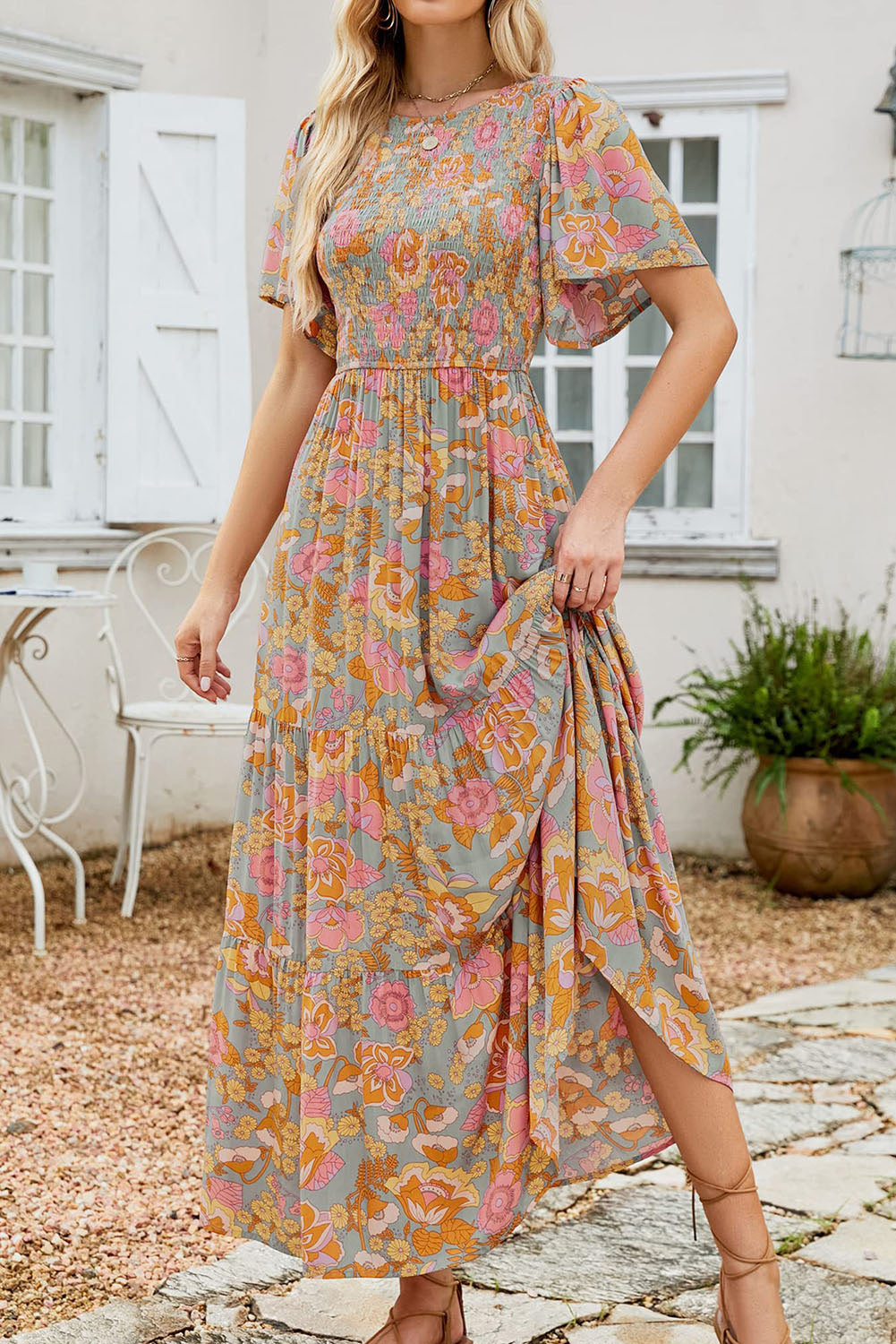 Vintage Floral Smocked Bodice Flare Sleeve Tiered Long Dress