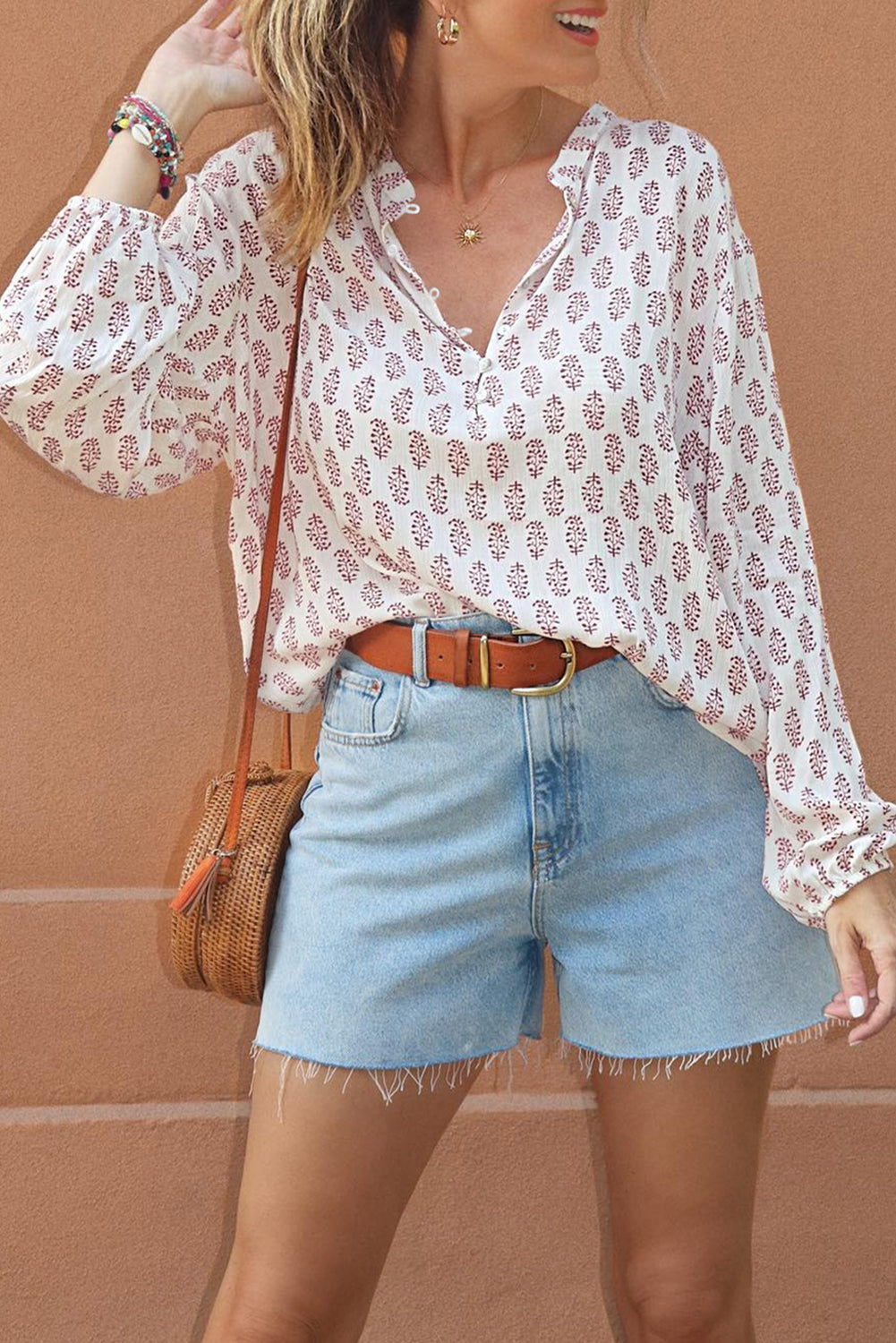 Boho Print Long Sleeve Buttoned Blouse