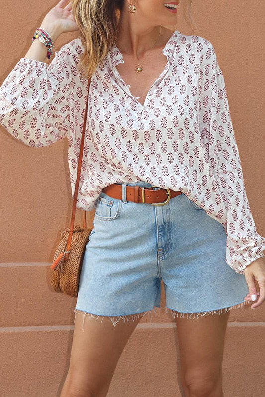 Boho Print Long Sleeve Buttoned Blouse