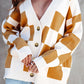 Contrast Checkered Print Button Up Sweater Cardigan