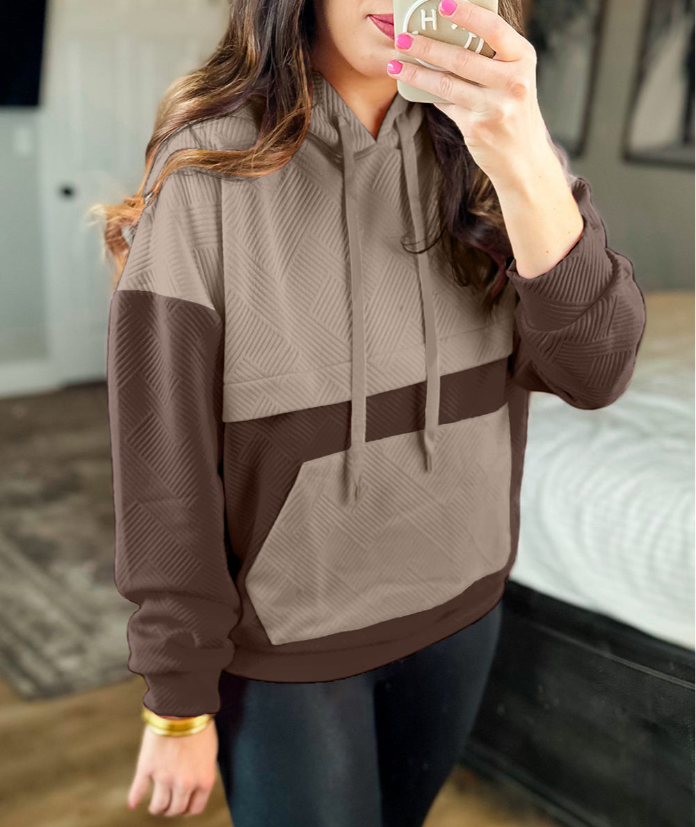 Textured Color Block Kangaroo Pocket Drop Shoulder Hoodie