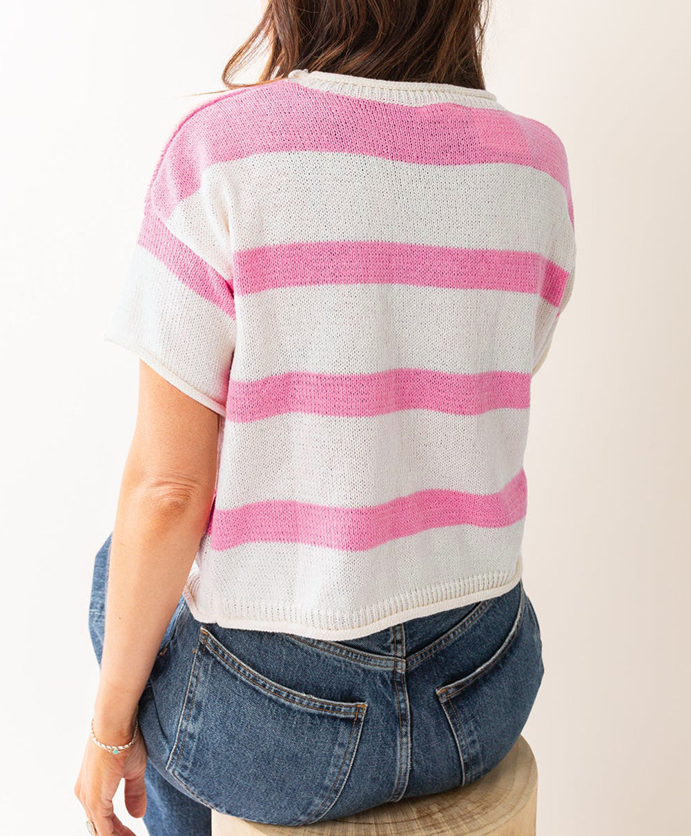 Stripe Dropped Short Sleeve Lightweight Knitted Top