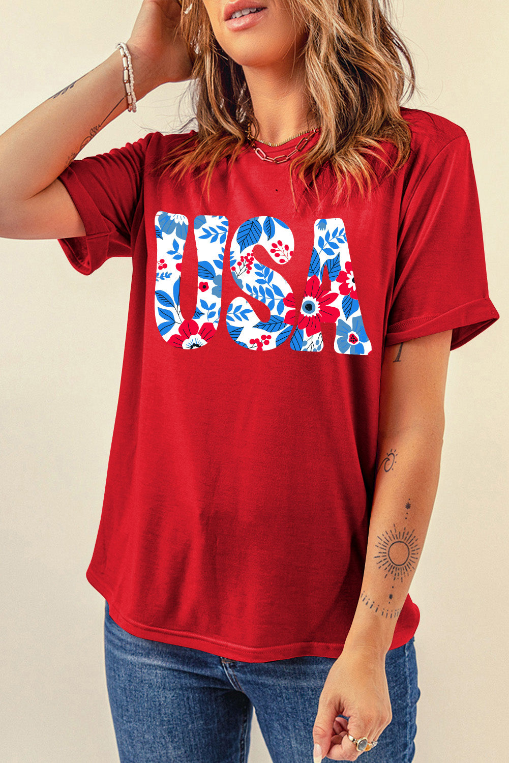 USA Flower Print Round Neck T Shirt