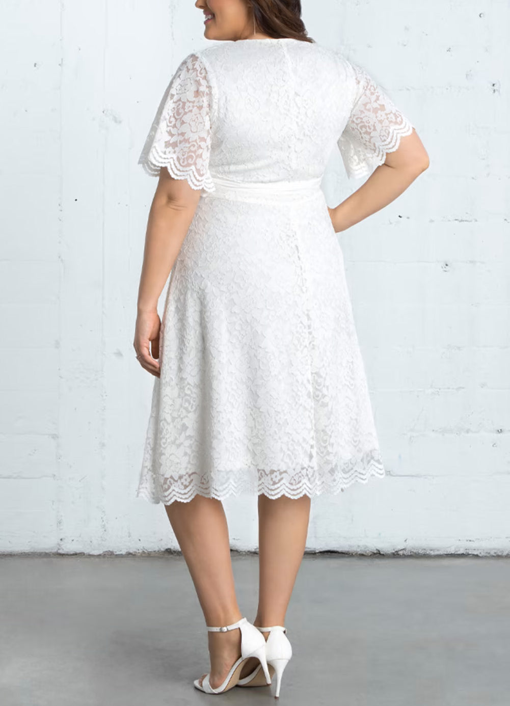 Scalloped Lace Wrap V Neck Plus Size Dress