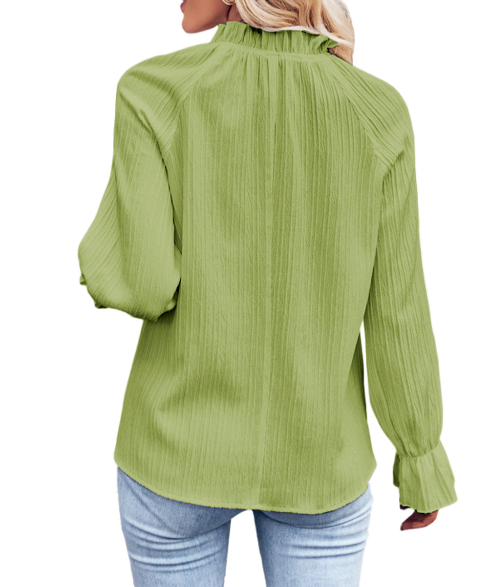 Frilled Mock Neck Ripple Bubble Sleeve Blouse