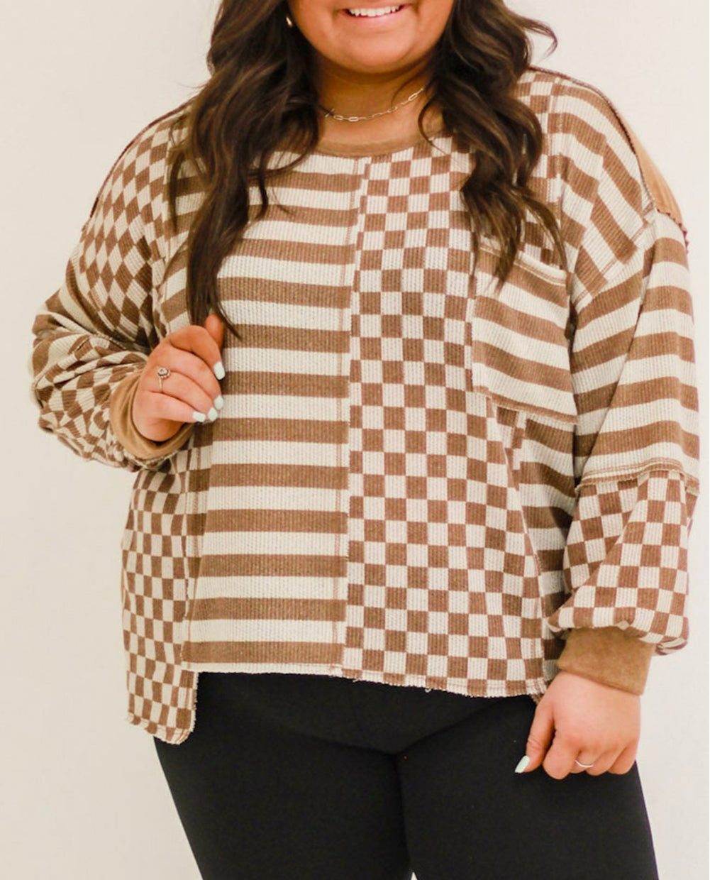 Striped Checkered Mixed Print Chest Pocket Casual Plus Size Top