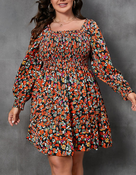 Plus Size Smocked Long Sleeve Floral Dress