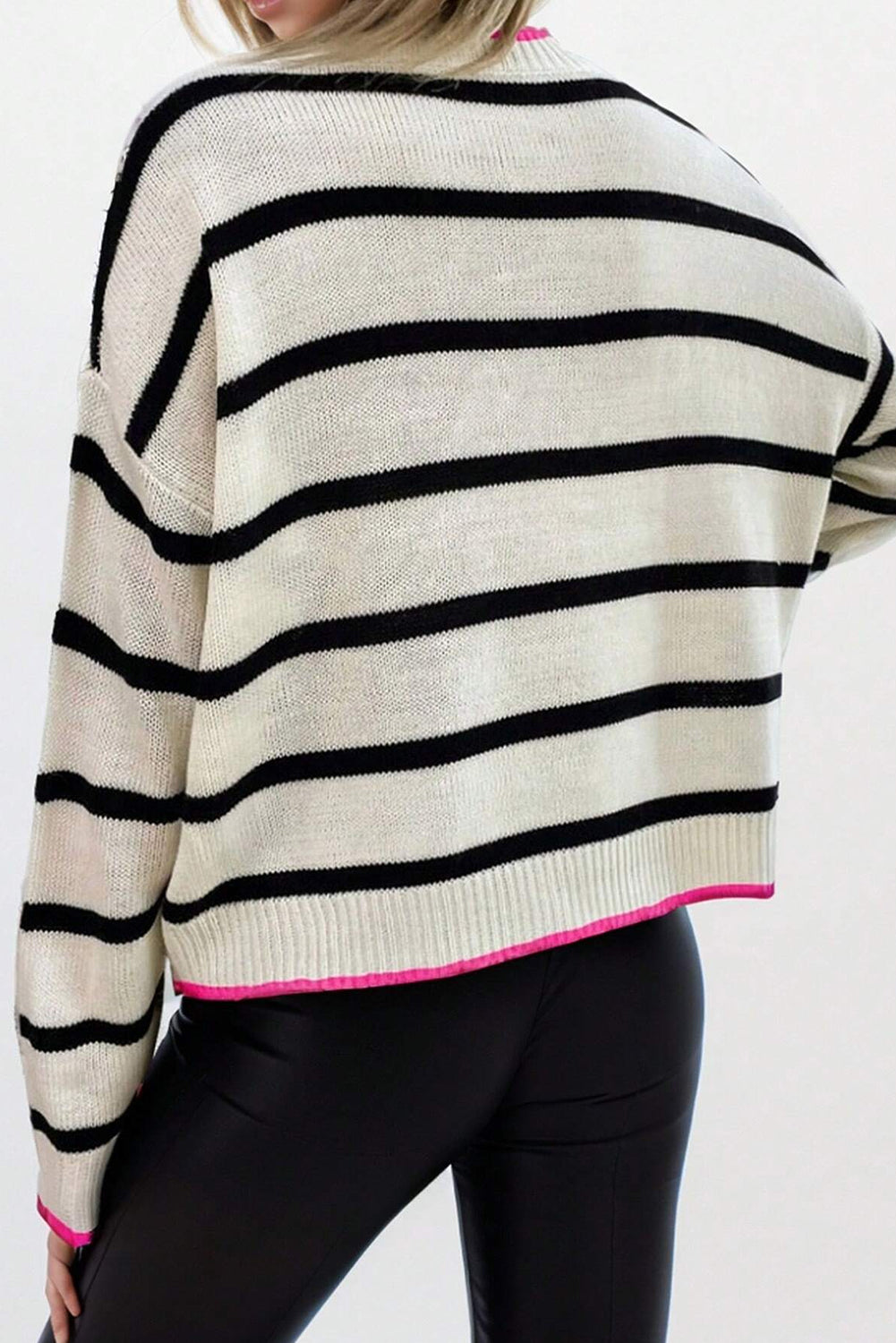 Stripe Color Contrast Drop Shoulder Crew Neck Sweater