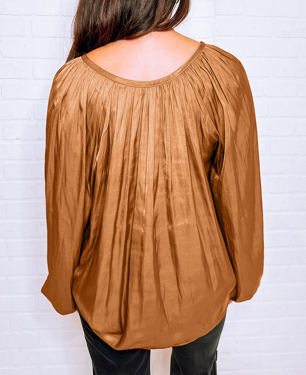 Satin Pleated Tied V Neck Puff Sleeve Blouse
