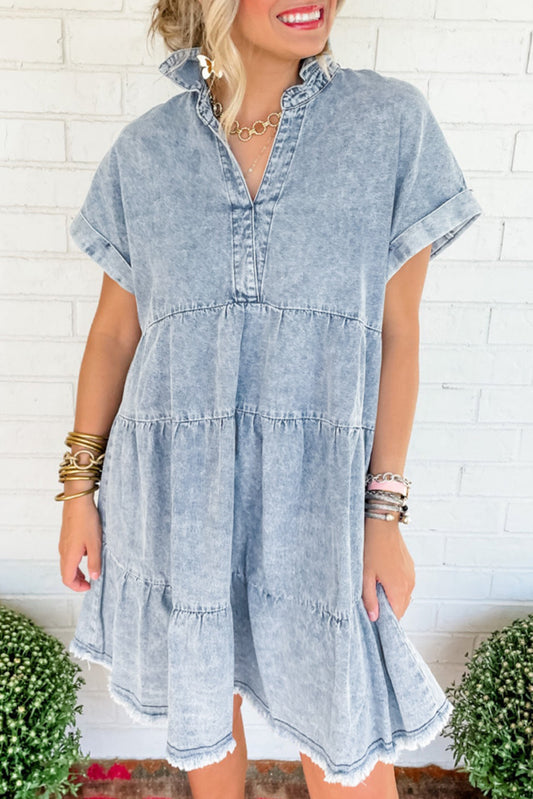 Acid Wash V Neck Tiered Denim Dress