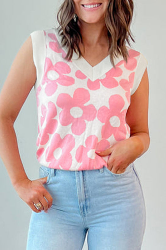 Cute Flower Knitted V Neck Tank Top