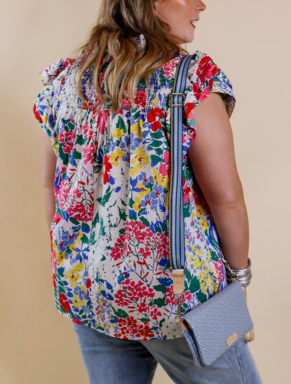 Plus Floral Print Ruffle Cap Sleeve V Neck Blouse