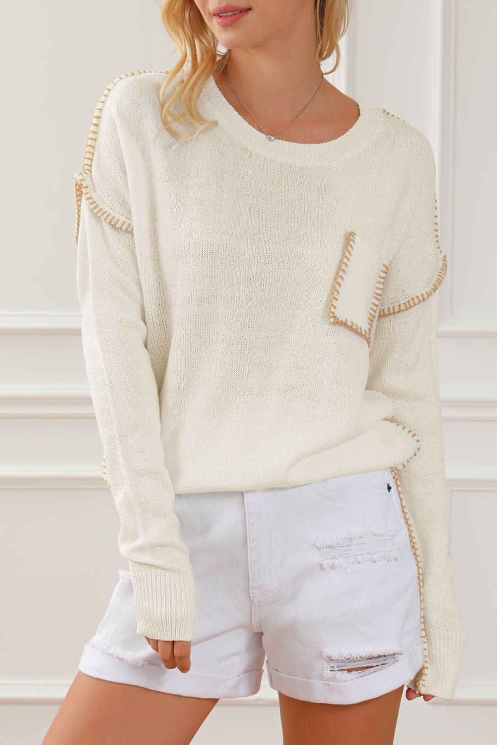 Exposed Stitching Chest Pocket Drop Shoulder Sweater