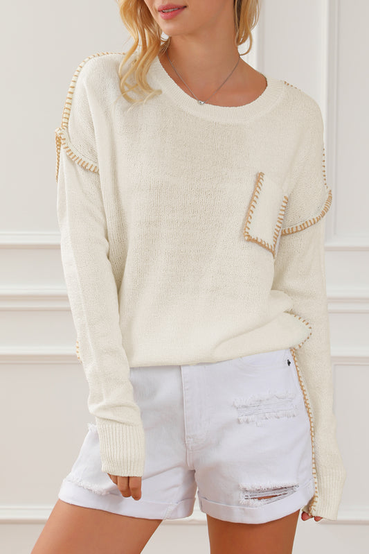 Exposed Stitching Chest Pocket Drop Shoulder Sweater