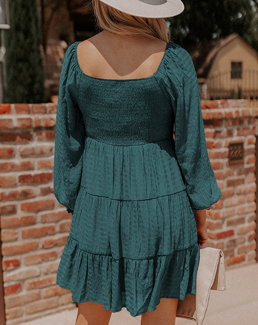 Bishop Sleeve Smocked Tiered Mini Dress